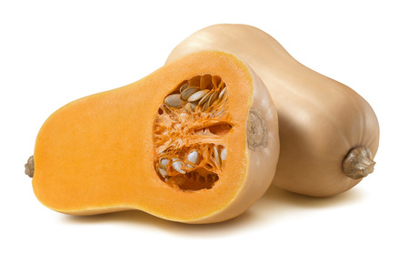 Butternut pumpkin half whole horizontal 3 isolated on white background as package design elementの写真素材