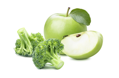 Broccoli cabbage green apple baby food isolated on white background as package design elementの写真素材
