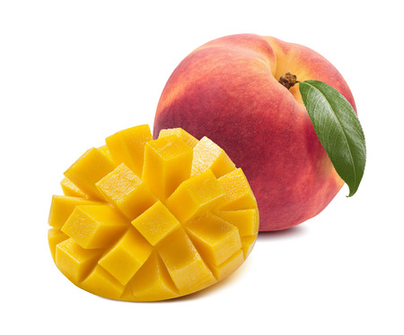 Mango peach juice composition isolated on white background as package design elementの写真素材