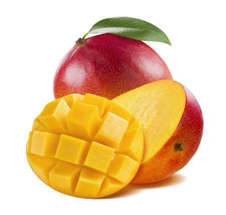 Mango whole half cut isolated on white background, round composition as package design elementの写真素材