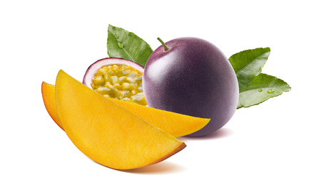 Long mango slices maraquia passion fruit leaves isolated on white backgroundの写真素材