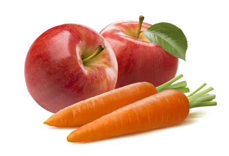 Carrot red apple composition isolated on white background as package design elementの写真素材