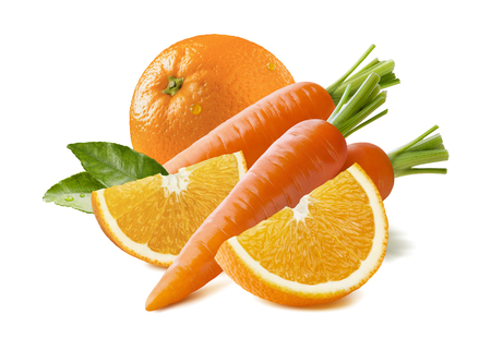Orange fruit carrot composition isolated on white background as package design elementの写真素材