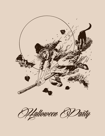 Vintage halloween witch flying on broom with black cat, vector illustration, monochrome for party postersのイラスト素材