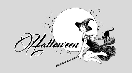 Young halloween witch flying on broom vector illustration, graphics for party posterのイラスト素材