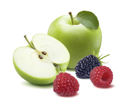 Green apple raspberry blackberry 2 isolated on white background as healthy package design elementの写真素材