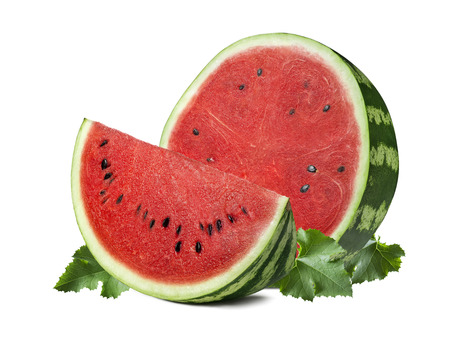 Round watermelon piece and leaves isolated on white background as package design elementの写真素材