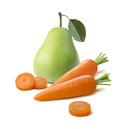 Green pear carrots isolated on white background as package design elementの写真素材