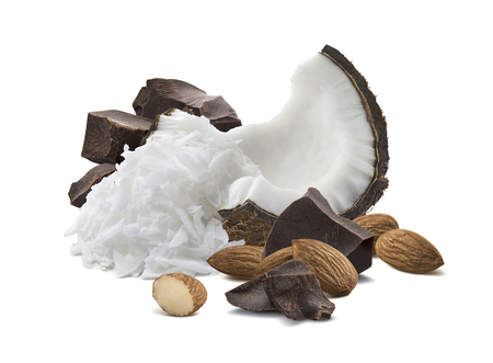 Coconut shredded almond chocolate isolated on white backgroundの写真素材