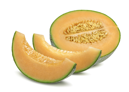 Cantaloupe melon and pieces horizontal isolated on white background as package design elementの写真素材