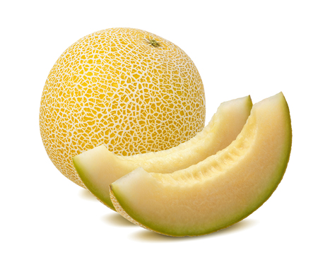 Yellow melon, whole and pieces, isolated on white background for package designの写真素材