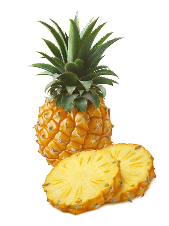Small pineapple and round slices isolated on white background as package design elementの写真素材