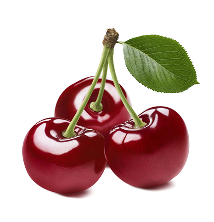 3 red sweet cherries isolated on white background as package design elementの写真素材