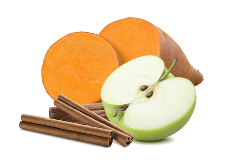 Sweet potato, cinnamon and green apple isolated on white background.の写真素材