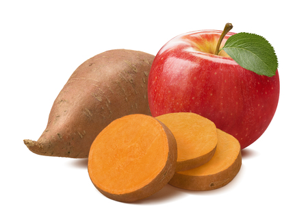 Sweet potato slices and red apple isolated on white background. With clipping path for package designの写真素材