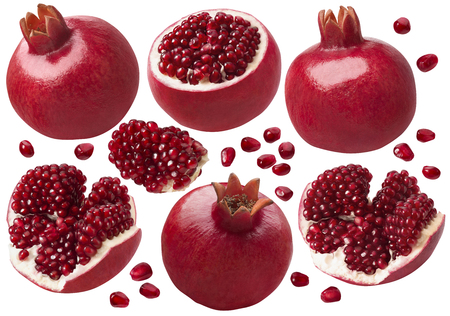 Pomegranate whole and pieces set. Isolated on white background with clipping path. Package design elementsの写真素材
