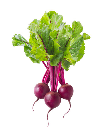Red beet roots with leaves isolated on white background. Vertical design element with clipping pathの写真素材
