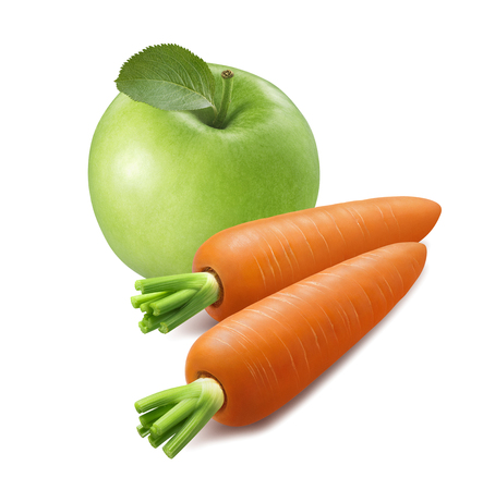 Green apple and carrots isolated on white background.の写真素材