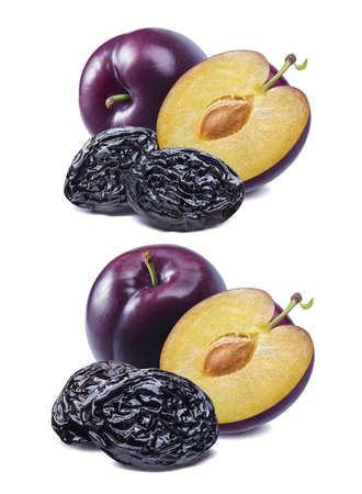 Fresh and dried plum set isolated on white background.の写真素材