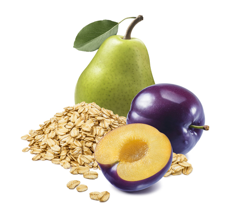 Green pear, red cherry plum and rolled oats isolated on white background.の写真素材
