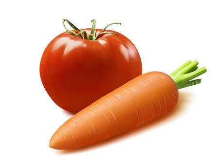 Fresh tomato and carrot isolated on white background.の写真素材