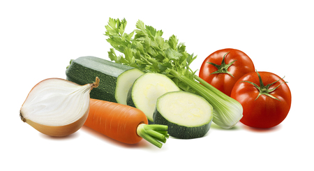 Onion, tomato, celery, carrot and sliced zucchini isolated on white background.の写真素材