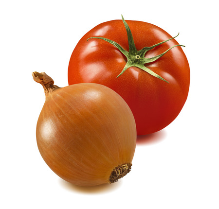 Fresh tomato and onion isolated on white background.の写真素材