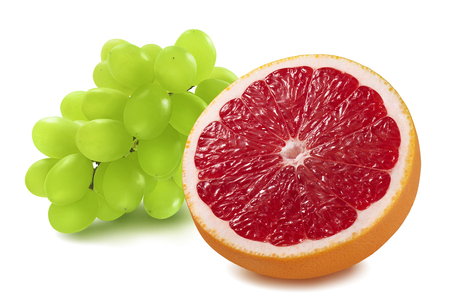 Grapefruit with green grapes isolated on white background.の写真素材