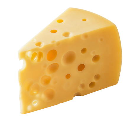 Block of Swiss cheese isolated on white background.の写真素材