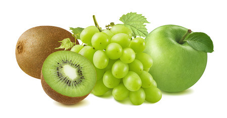 Kiwi, green grapes and apple group isolated on whiteの写真素材