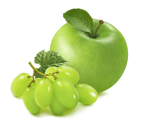 Green apple and grapes with leaves isolated on whiteの写真素材
