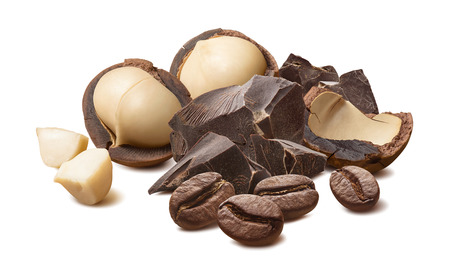 Macadamia nuts, chocolate and coffee beans isolated on whiteの写真素材