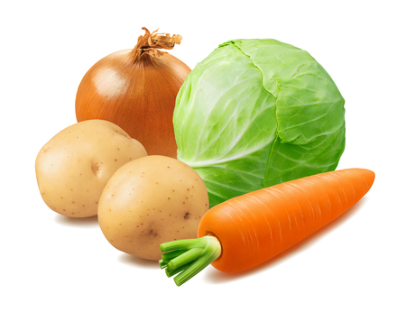 Cabbage, potato, carrot and onion isolated on whiteの写真素材