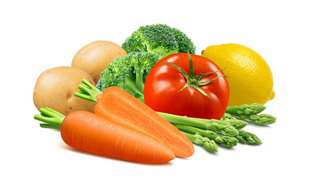 Carrots, broccoli, potato, tomato, asparagus and lemon isolated on whiteの写真素材