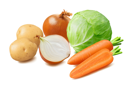 Fresh cabbage, potato, carrot, onion vegetables isolated on whiteの写真素材