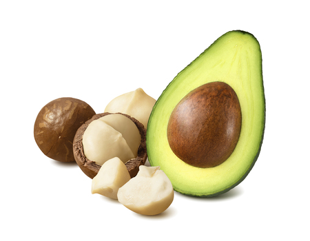 Avocado half and macadamia nuts isolated on whiteの写真素材