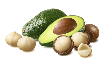 Avocado and macadamia nuts isolated on whiteの写真素材