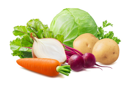 Summer borscht ingredients: red beet, cabbage, carrot, potato and onion.の写真素材