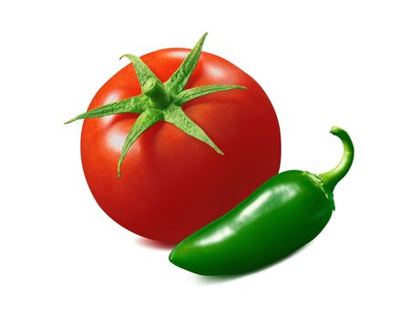 Tomato green pepper sauce ingredients isolated on whiteの写真素材