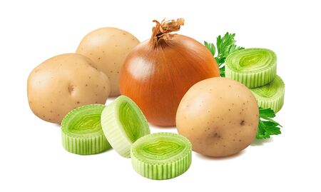 Potato, leek and onion isolated on whiteの写真素材