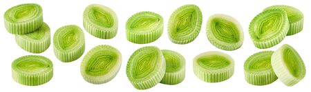 Leek pieces set isolated on whiteの写真素材