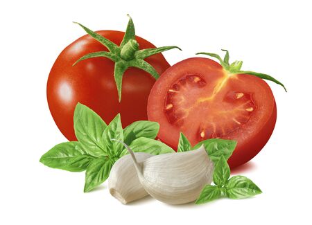 Tomato, basil and garlic cloves isolated on whiteの写真素材