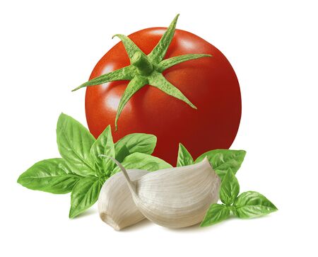 Tomato, basil leaves and garlic cloves isolated on whiteの写真素材