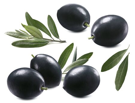 Fresh black olives set isolated on whiteの写真素材