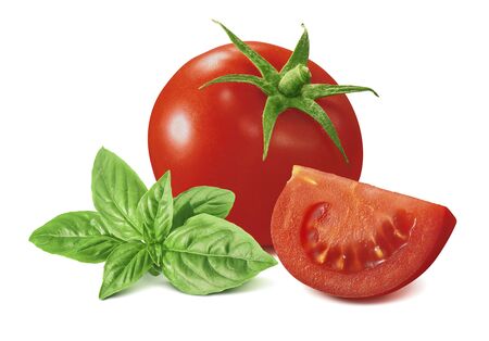 Tomato with green basil leaves isolated on whiteの写真素材