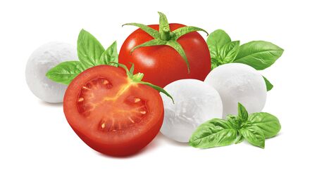 Fresh tomato, basil leaves, mozzarella cheese balls isolated on whiteの写真素材