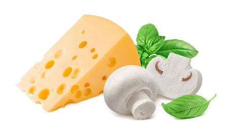 Mushrooms, green basil and cheese isolated on whiteの写真素材