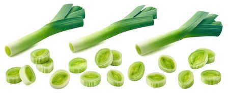 Fresh leek pieces set isolated on whiteの写真素材