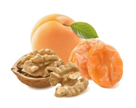 Walnuts, fresh and dry apricots isolated on white background. Package design elementの写真素材