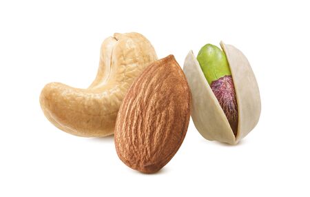 Nuts mix, almond, pistachio, cashews isolated on white background. Package design element with clipping pathの写真素材